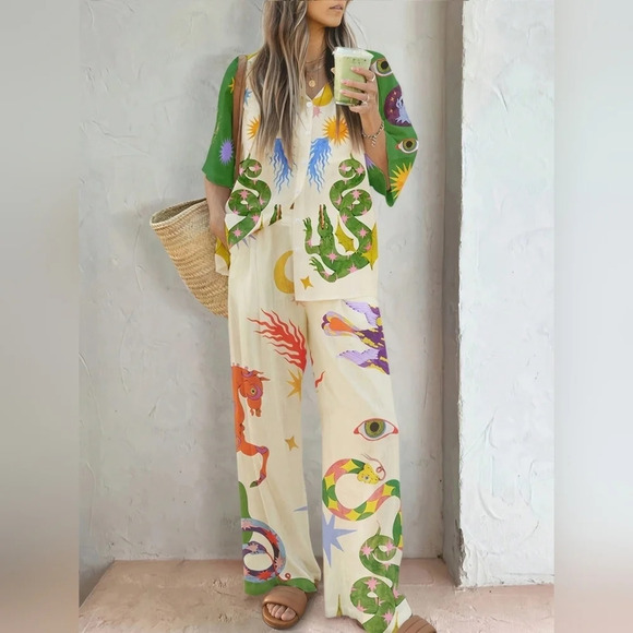 Pants - Graphic Print Shirt & Wide Leg Pants